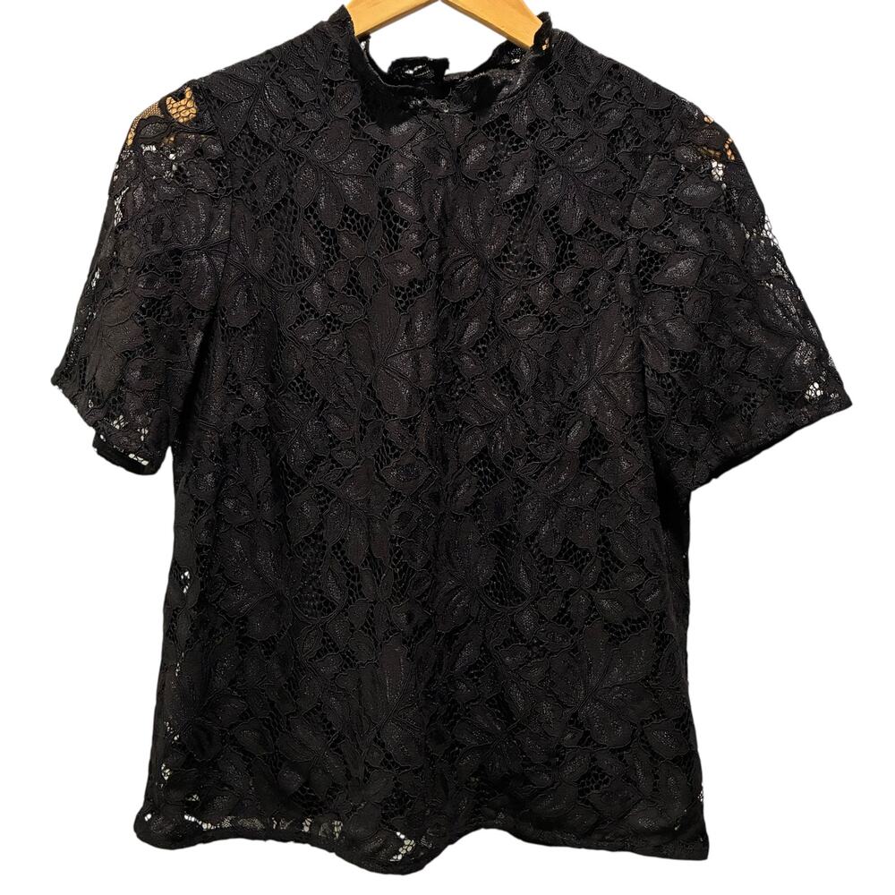 H & M Top Floral Lace Short Sleeve Blouse Black Womens Size Small